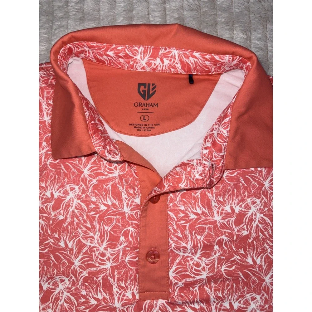 Graham Luxe Polo L Golf Shirts‎ Mens 2 Pack Bundle Set Coral Floral Blue Circles